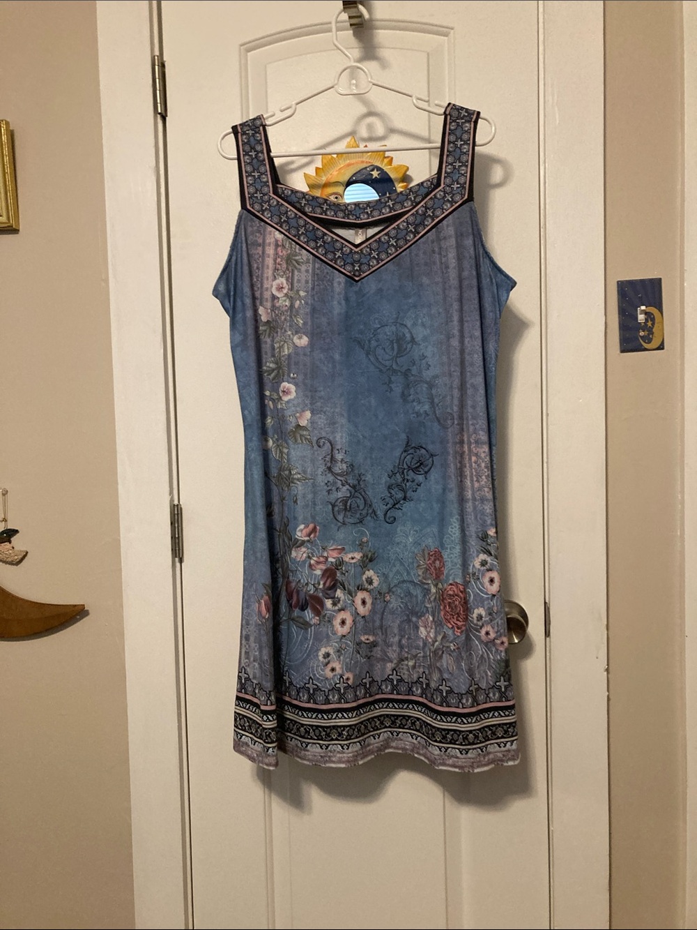 Blue Floral Midi Dress with Embroidered Neckline
